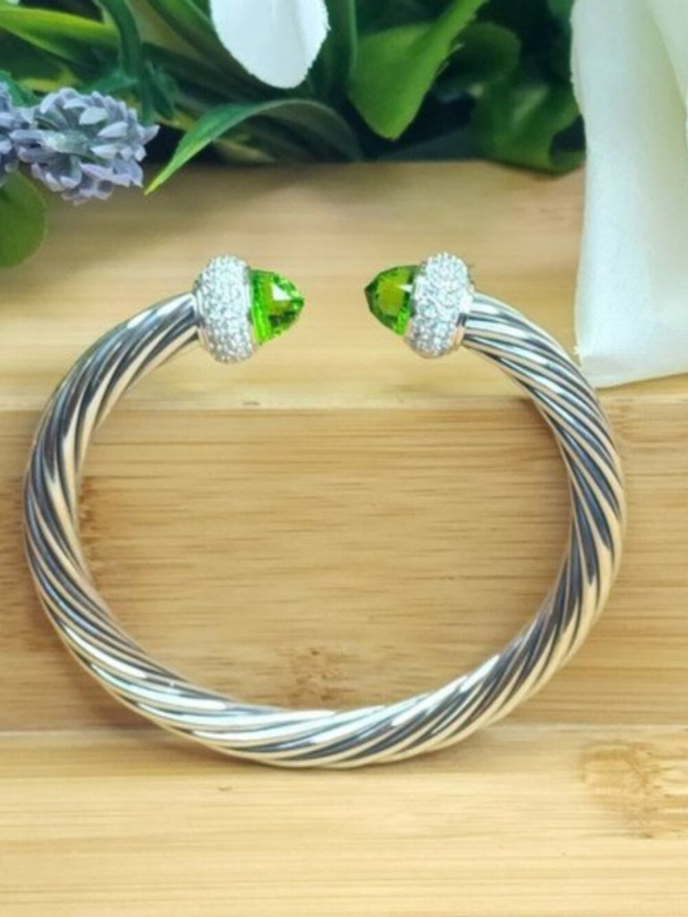 David Yurman 925 Silver Candy Diamond & Peridot 7mm Cable Bracelet - FCM173